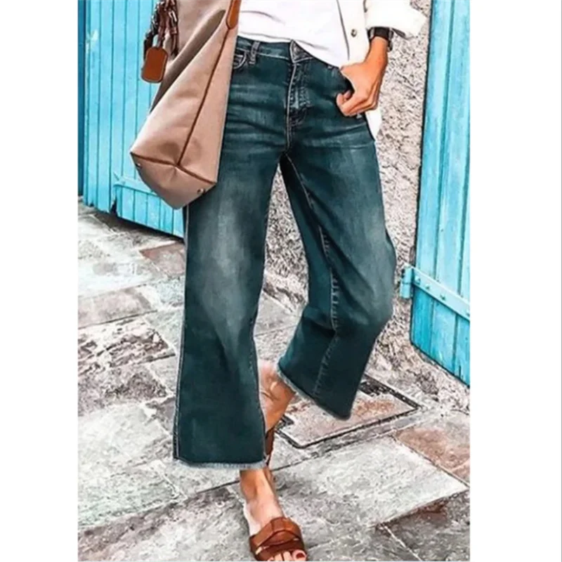 2023 Autumn Female Flare Jeans School Girls Frayed Hem Cropped Denim Pants Plus Size Ankle-length Woman Vintage Trousers Loose