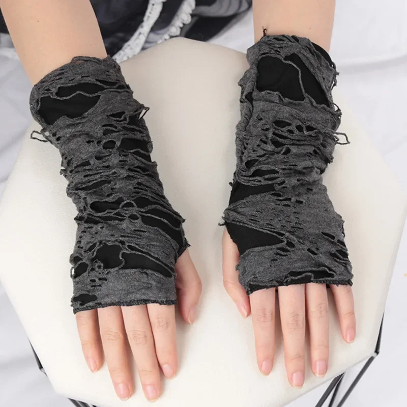 1Pair Broken Slit Gloves Punk Gothic Black Fingerless Unisex Hole Ninja Mittens Women Men Ripped Holes Decor Cosplay Long Gloves