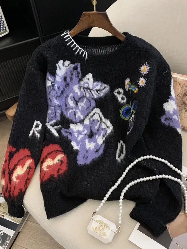 

Flower Jacquard Elegant Vintage Sweater Women Pullover Tops 2024 Spring Long Sleeve O-neck Loose Fashion Ladies Jumpers Knitwear