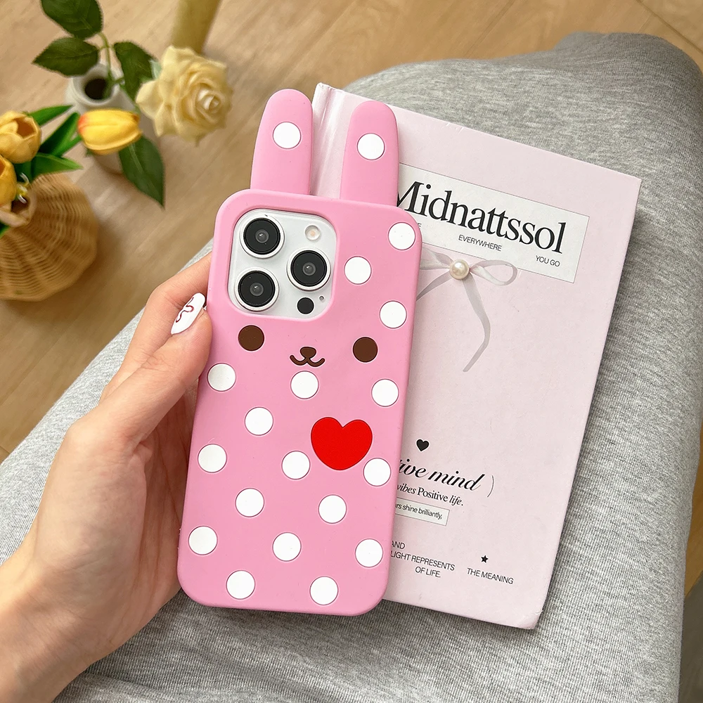 Kawaii Lovely 3D Cartoon Rabbit Soft Silicone Case for iPhone 16 15 14 13 12 Pro Max Funny Shockproof Back Cover Capas 6
