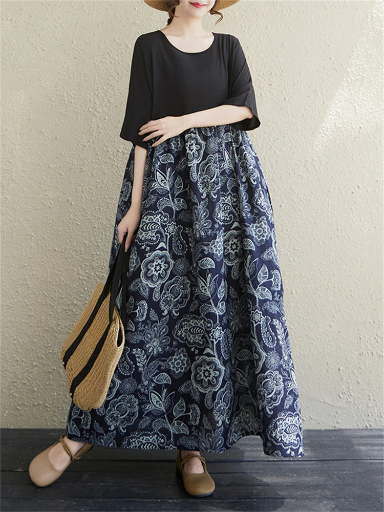 Summer Cotton Vintage Casual Loose Print Dresses For Women Short Sleeve Dress Femme Vestidos Office Lady Elegant Long Clothing