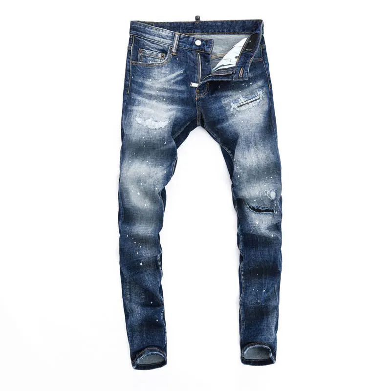 Street Fashion Men Jeans High Quality Retro Blue Stretch Slim Fit Ripped Jeans Men Painted Designer Vintage Brand Pants Hombre