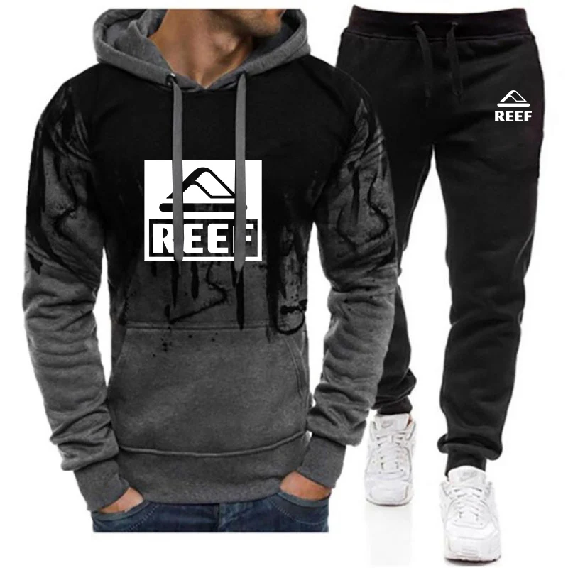 Reef 2023 Men's New Long Sleeves Printing Gradient Color Hoodies Casual Jackets Sporting Hip Hop Coats Tops + Trouser Suits
