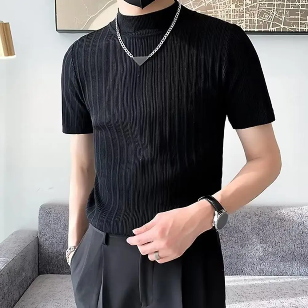 

Men's Summer T-shirt Half Turtleneck Short-sleeved Solid Color Elastic Thin Ice Silk Knitted Formal Business Style Pullover Top