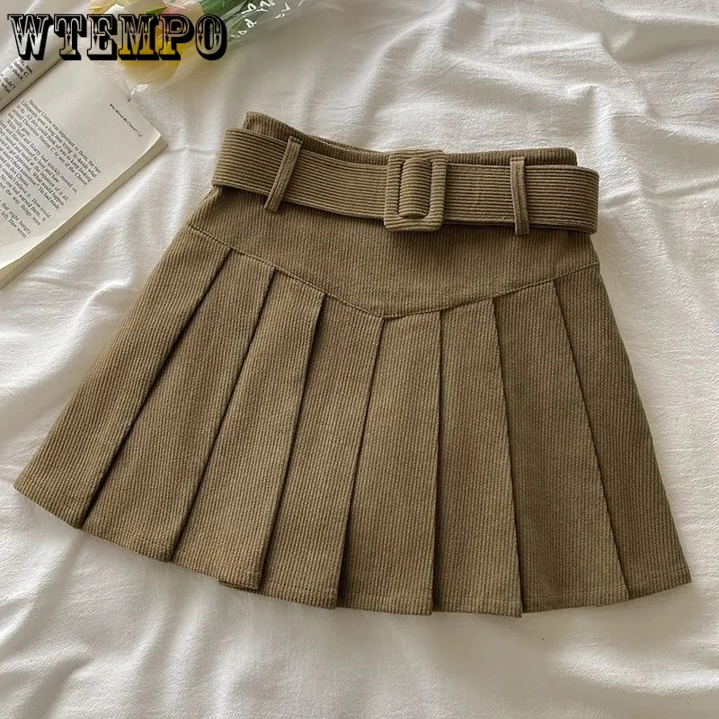 

WTEMPO Fashion Casual Solid Corduroy Pleated Skirts Women Spring Fall New High Waist Preppy Style Mini A-line Skirts with Belt