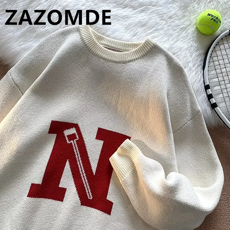 ZAZOMDE Autumn Harajuku Sweater Y2k Knit Letter Sweaters For Men Jumper Casual Clothes Vintage High Street Knitted Sweater Men