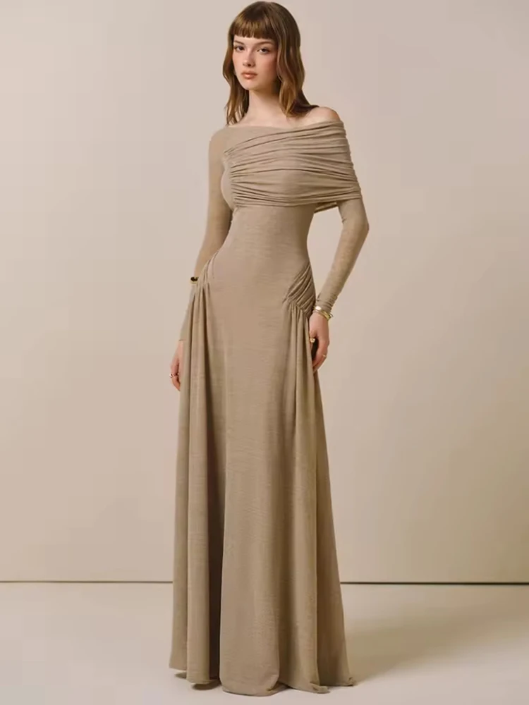 Women Solid Folds Slash Neck Dress Long Sleeves High Waist Slim Temperament  Dress Fashion Style New Wedding Evening Party Dress - AliExpress 200000345