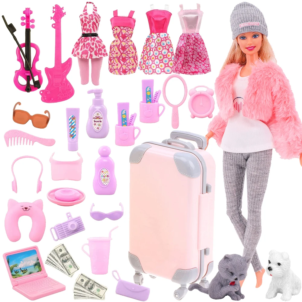 Pink 43 Pieces Barbies Doll Clothes Shoes Accessories Travel Suitcase