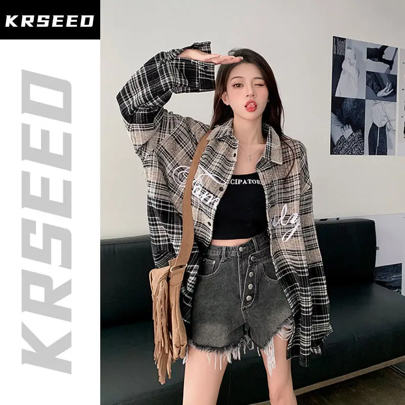 Vintage Embroidered Plaid Shirt Outerwear Spring New Long Sleeve Loose Blouse Tops Trend Korean Fashion Womne Clothing