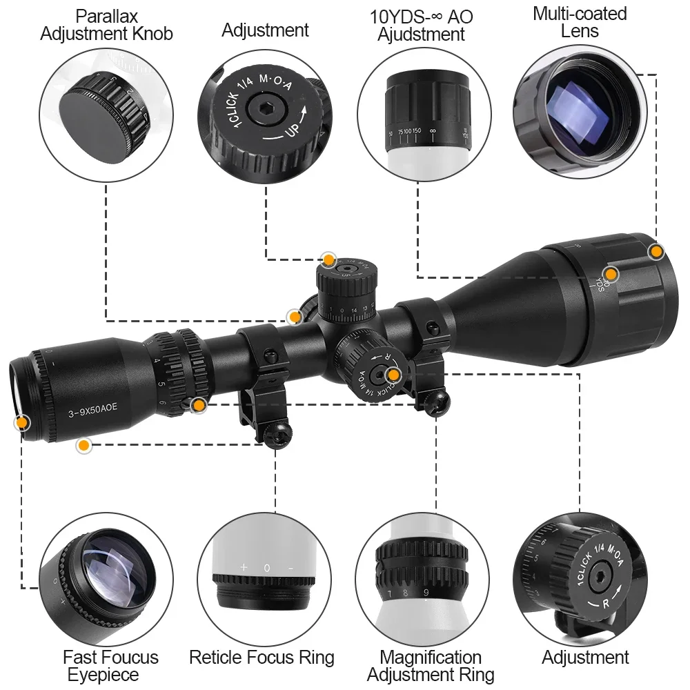 Tactical 3-9X50AOE Optical Sight with Red/Green Dot Laser Combination Adjustable Focal Length for Long-Range Hunting