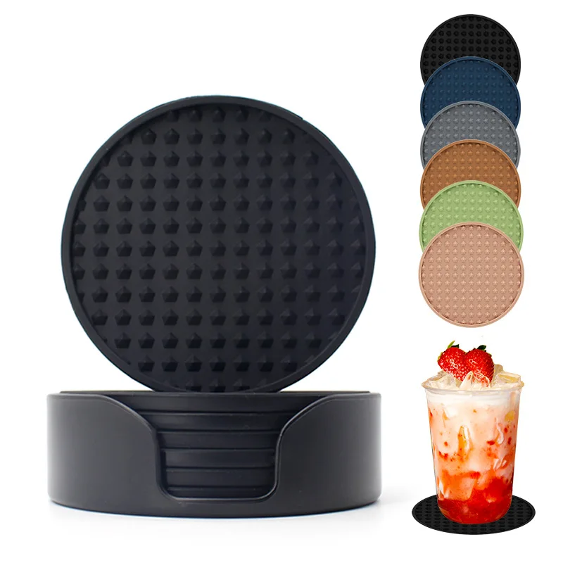 Silicone Drink Coasters with Holder Heat Resistant Cup Dish Drying Mat Tabletop Protection Non-Slip Coasters for Drinks 1Set table mat
