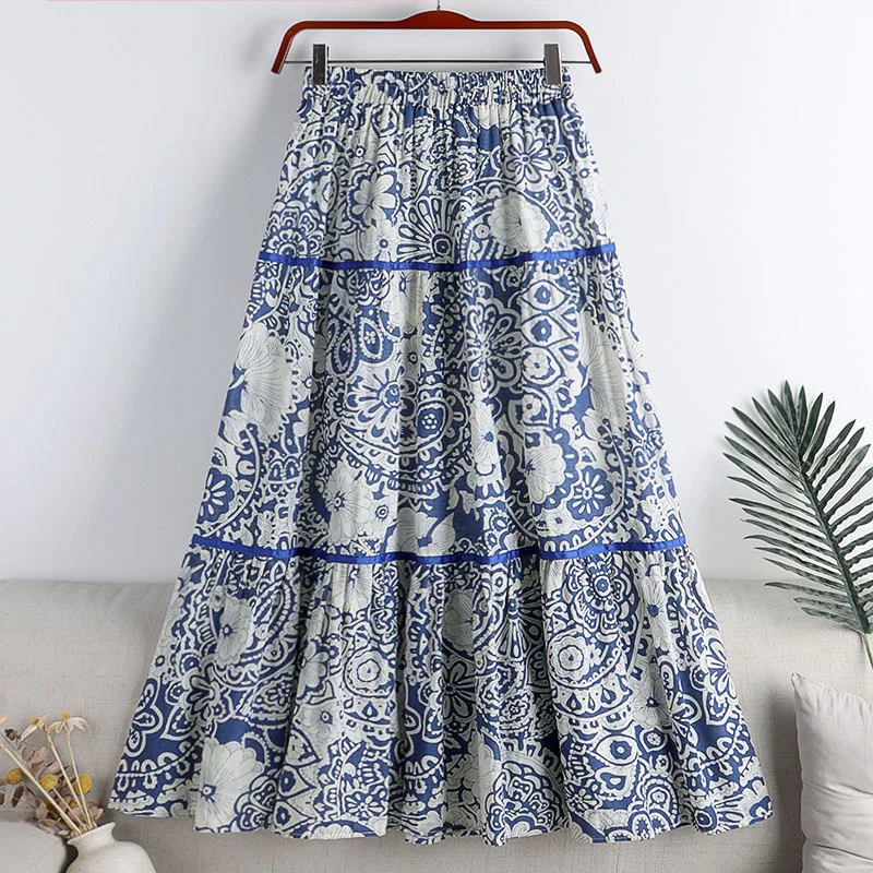

Blue and White Porcelain Print Vintage Skirt Women 2022 Spring New High Waist Large Swing A-line Midi Skirt Faldas Mujer