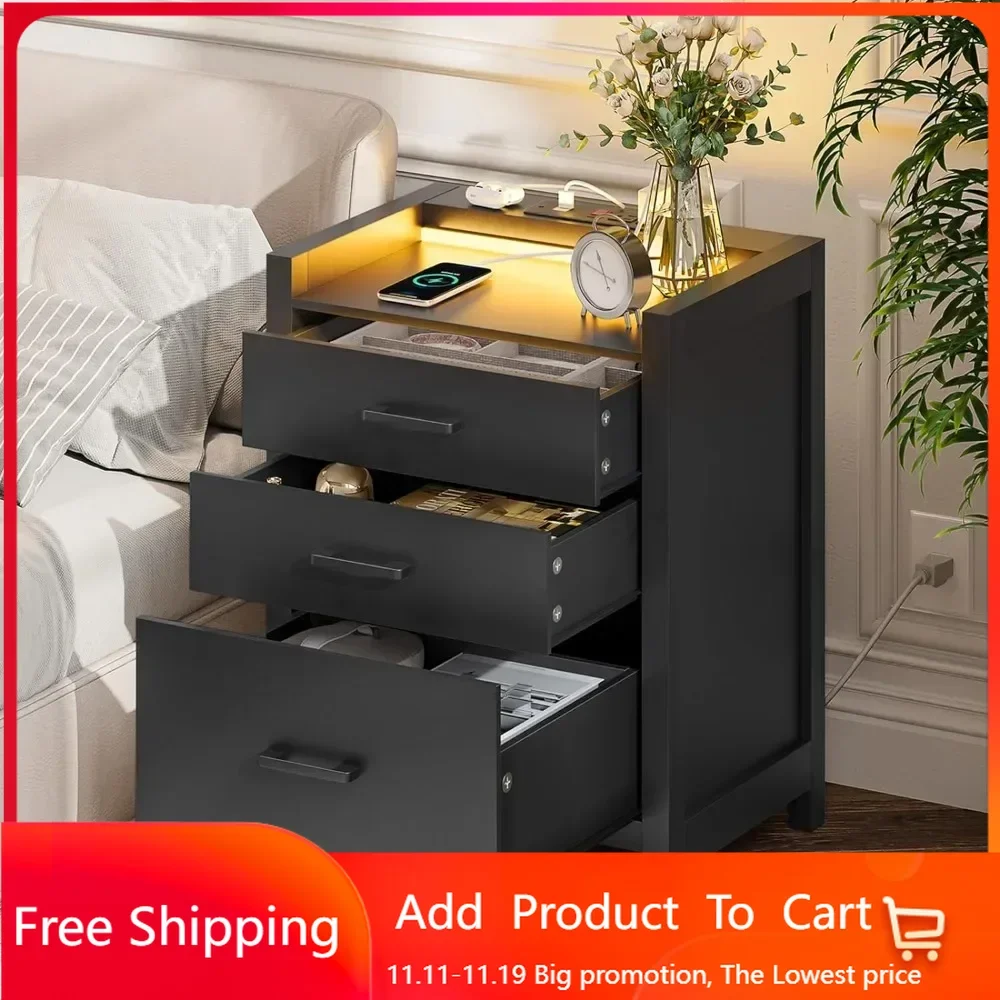 LED Nightstand with Charging Station, Nightstand with 3 Drawers, End Side Table USB Ports and Outlets, Modern Bedside Table