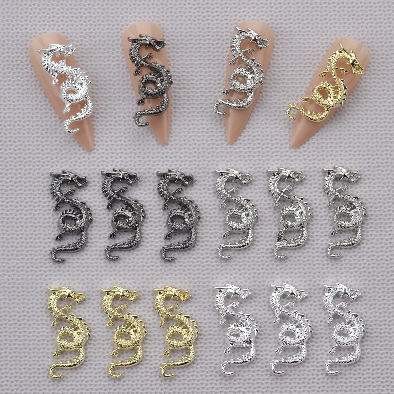 

10Pcs Chinese Dragon Nail Art Jewelry Gold&Silver 3D Zodiac Dragon Series Nail Decor 23/30mm Metal Dragon Manicure Supplies J-15
