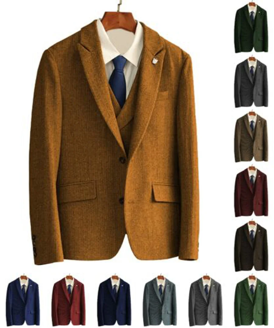 

Classic Vintage Men Suit 1 Piece （Jacket）Herringbone Tweed Wool Blend Blazer Slim Fit 2 Buttons Tuxedos Coat For Wedding