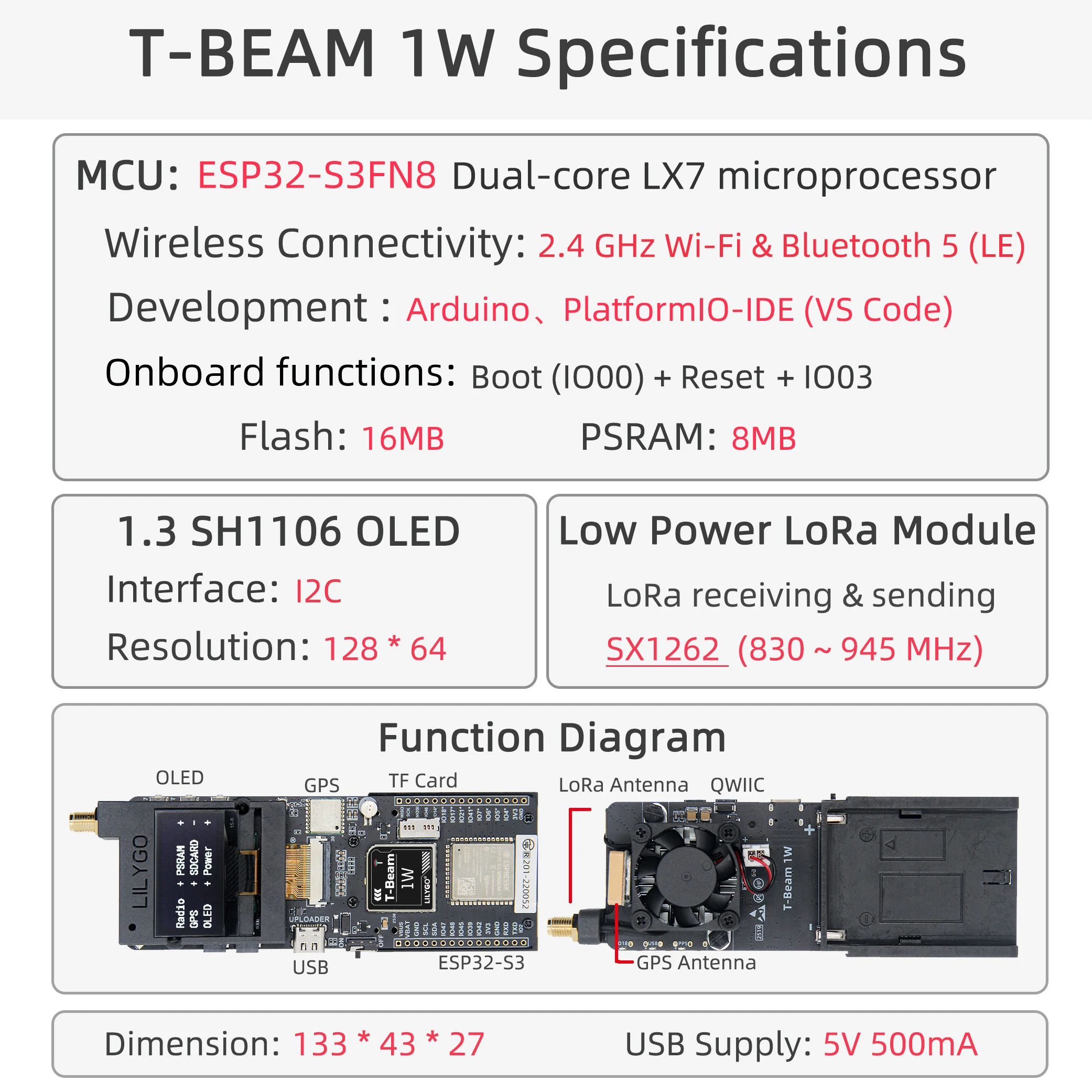T-Beam 1W ESP32-S3 LoRa Module SX1262 830–945MHz with 1.3" OLED & GPS Compatible