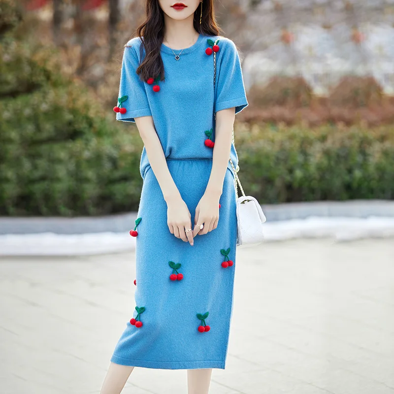 High-End Pure Wool Sweater Short Sleeve Skirt Women's Set Korean Version Kawaii Cherry Jumper + Skirt Spring Knit Two-Piece Set 2023 winter new women s cotton clothing fashion trend korean version cotton coat waist 5 short large wool collar cotton jacket