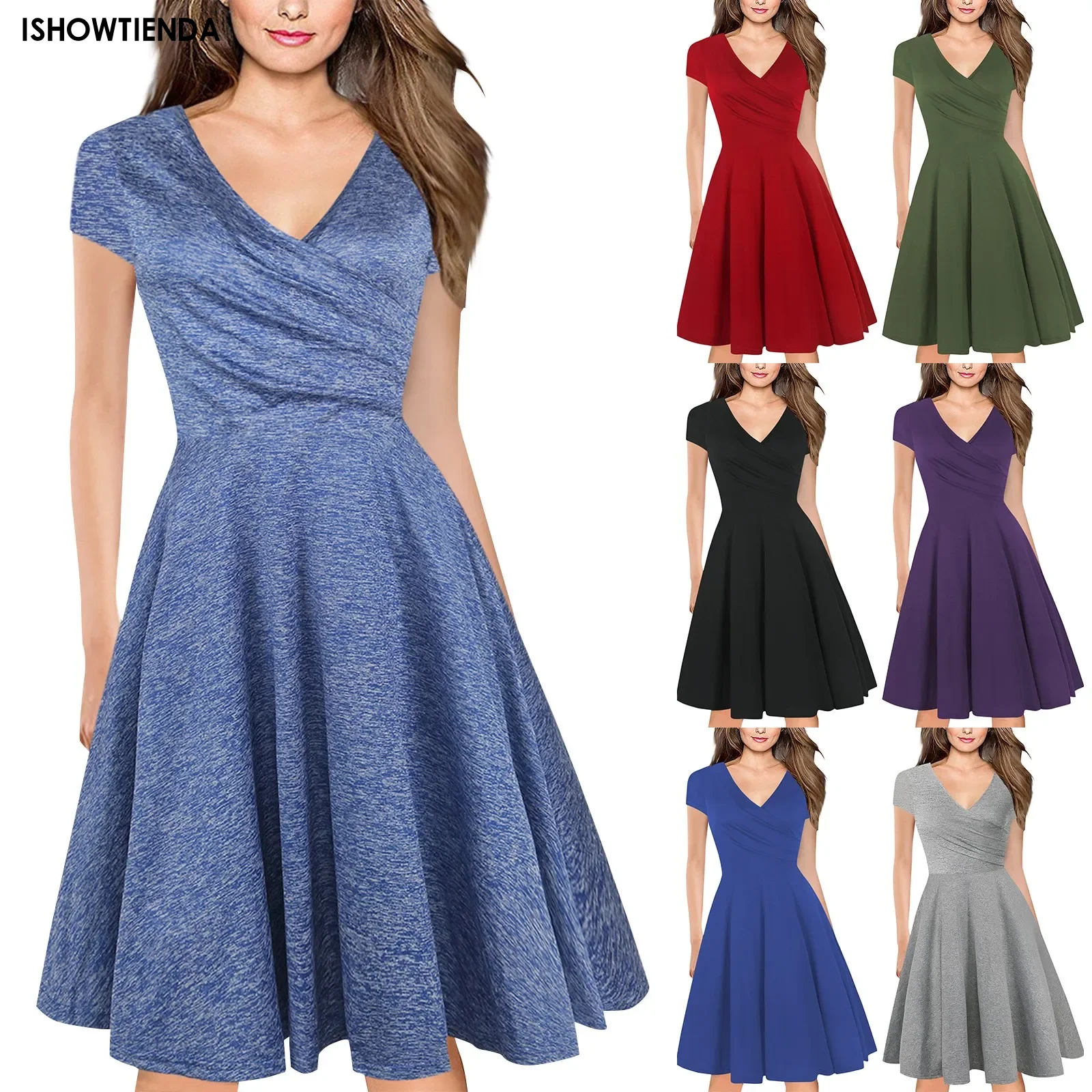 

Women's Short Sleeve V-neck Pleated Waistband Large Hem Slim Fit Dress Vestidos De Mujer Casual Elegante Elegant Women's Dresses