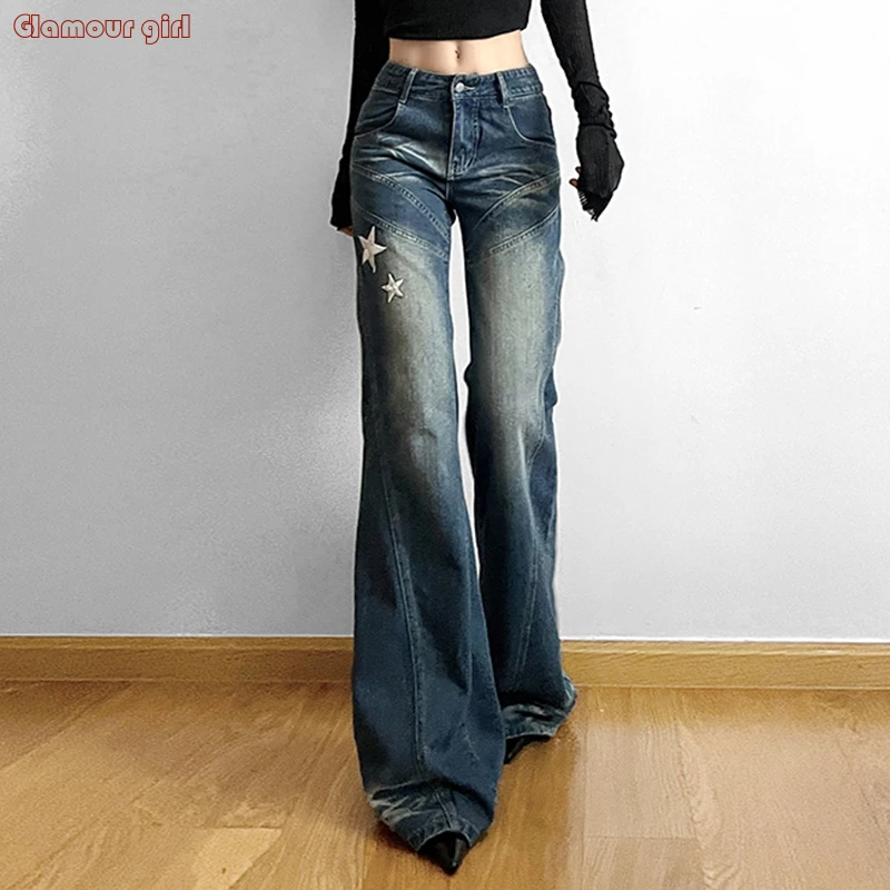 European and American Spicy Girl Style Star Patch Embroidery Split Casual Straight Waist Slimming Jeans Women's Spring bottoms