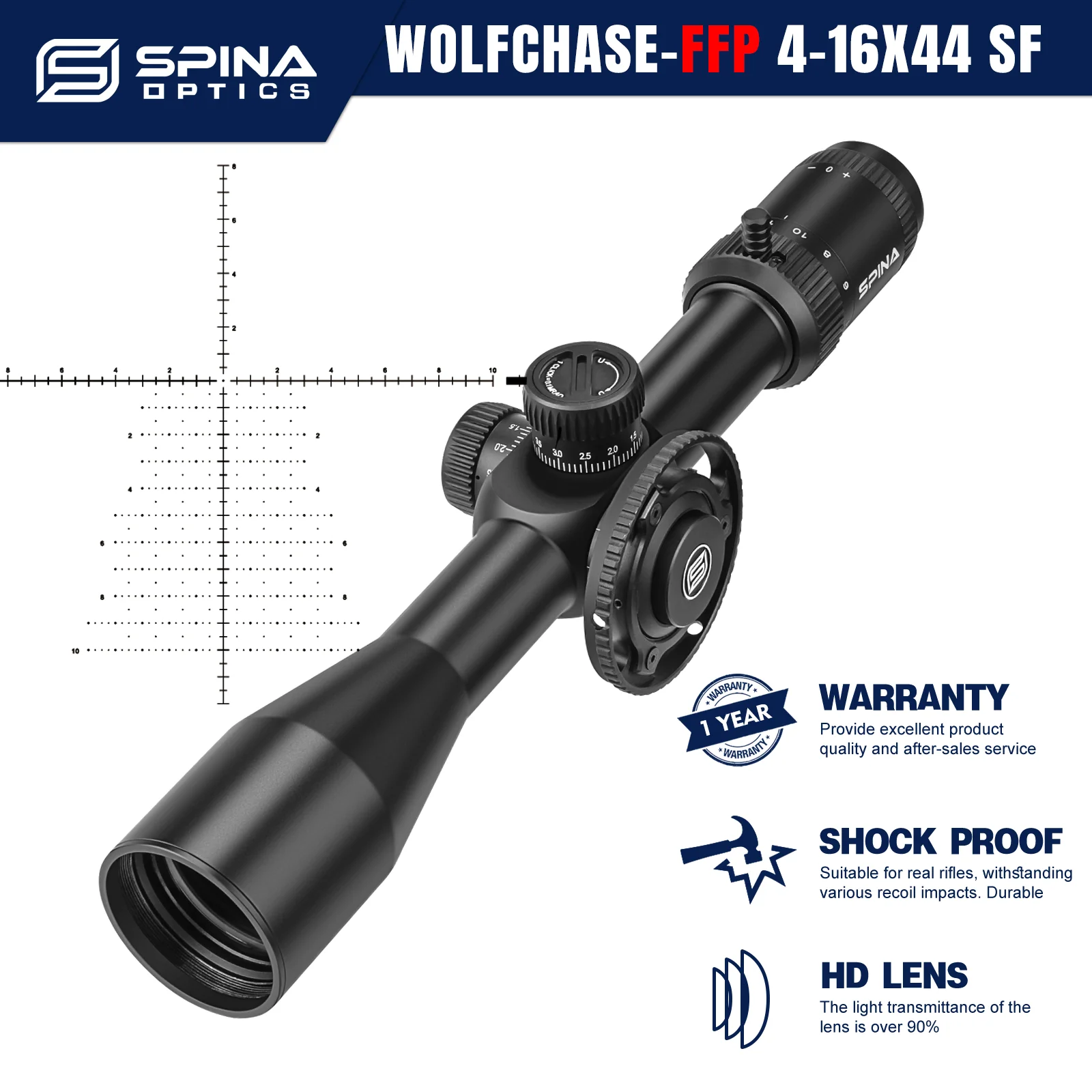 SPINA OPTICS HD WolfChase 4-16x44 FFP Tactical First Focal Plane Riflescope Glass Etched Reticle 10yds Parallax 22LR .223.308,rifle scope