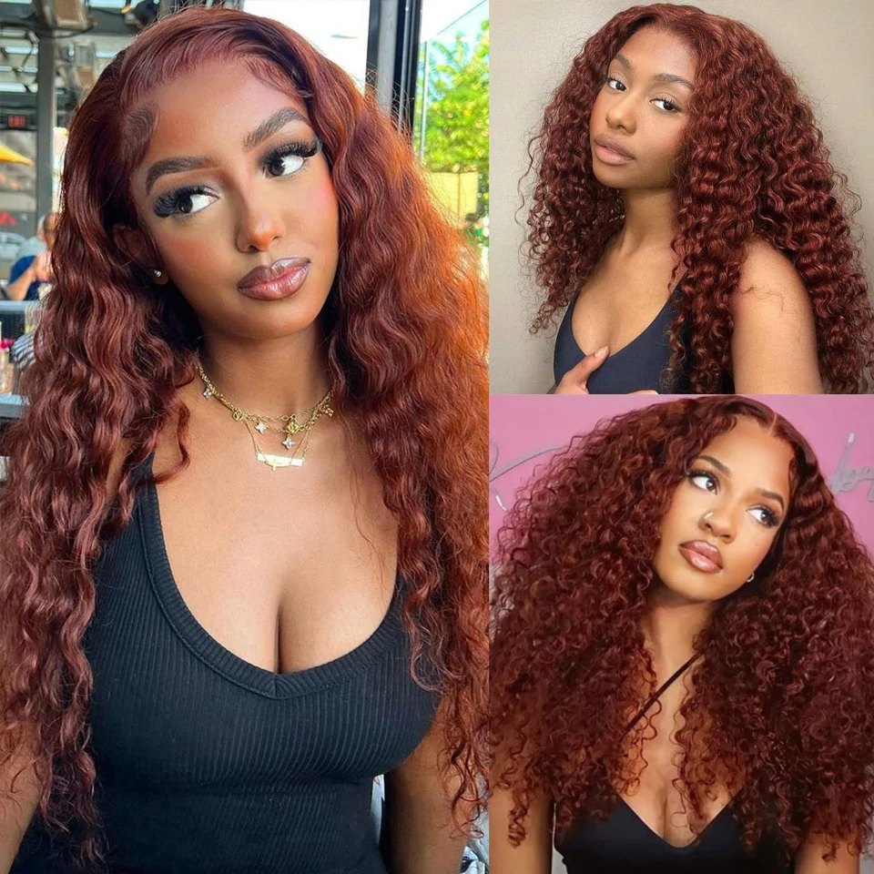 4x4 Closures Wig Reddish Brown Water Wave Lace Front Wig 180% Density Copper Red Curly Human Hair Wigs 13x6 HD Lace Frontal