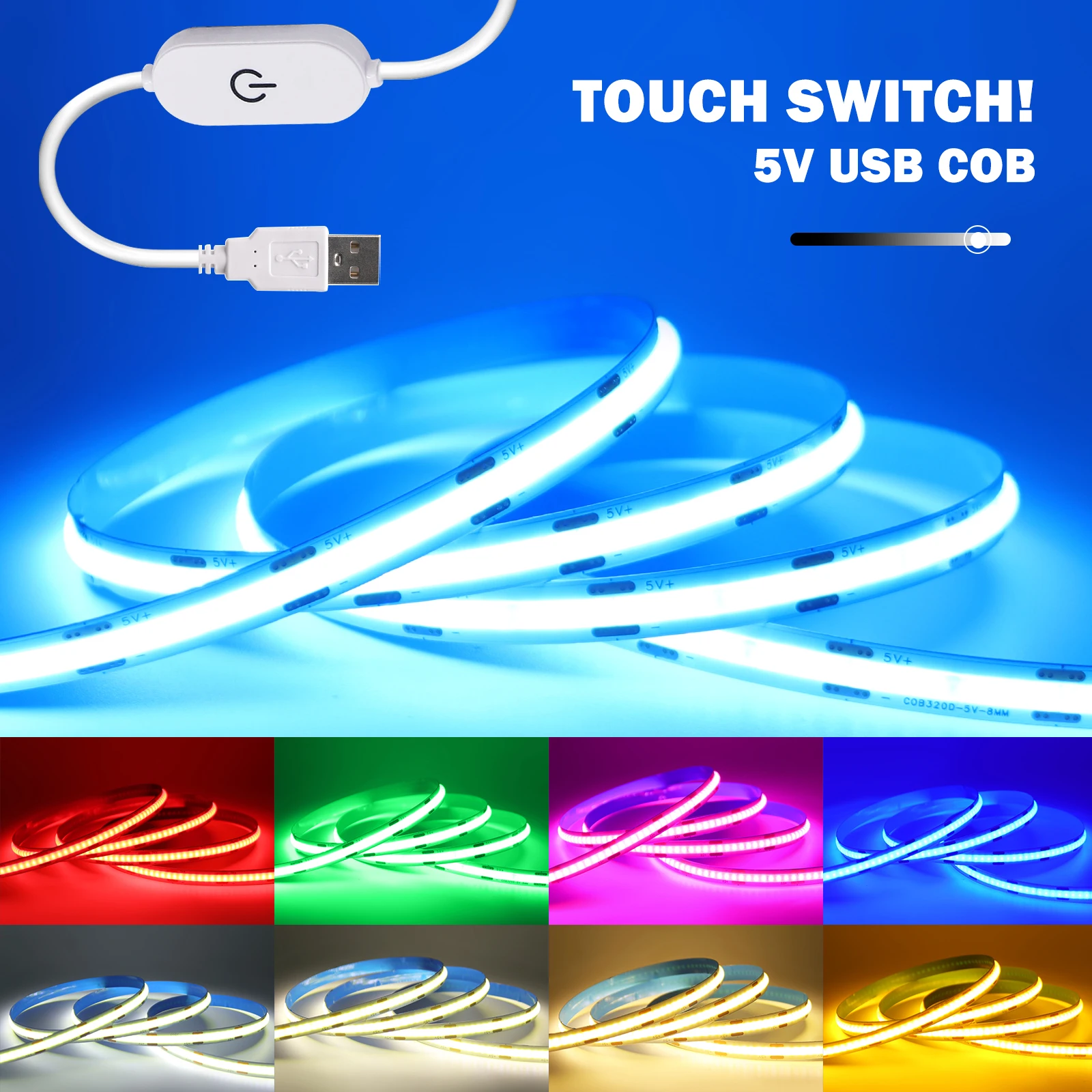 디밍이 가능한 COB LED 스트립 빛 5V USB 유연한 테이프 리본 8MM 320LED/M 고밀도 선형 조명 로프 라이트 캐비닛 백라이트