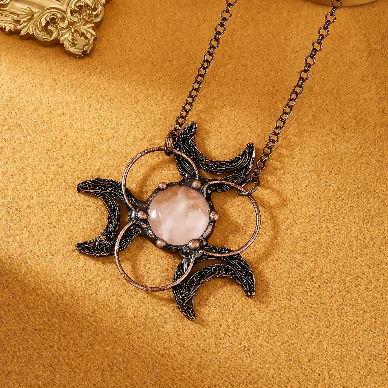 YEEVAA Retro Style Three Moon Combination Natural White Crystal Inlaid Pendant Necklace For Women Party Gift(With Chain)