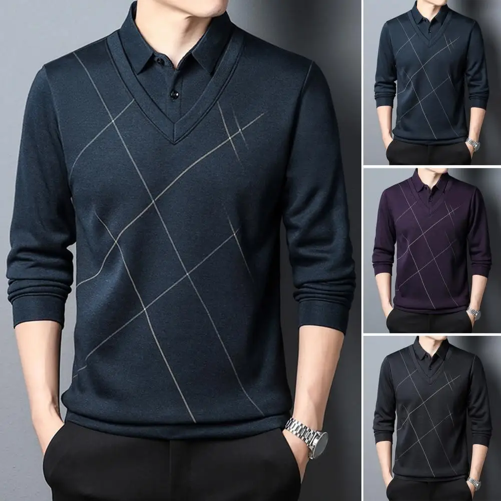 Men Thick Shirt Men Long-sleeved Shirt Business Style Men's Pullover with Fake Two-piece Design Turn-down Collar for Winter