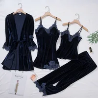 TOP décontracté velours maison vêtements 4 pièces ensemble de sommeil Lingerie intime femmes pyjamas costume à manches longues dentelle velours Homewear pyjamas ensemble 3