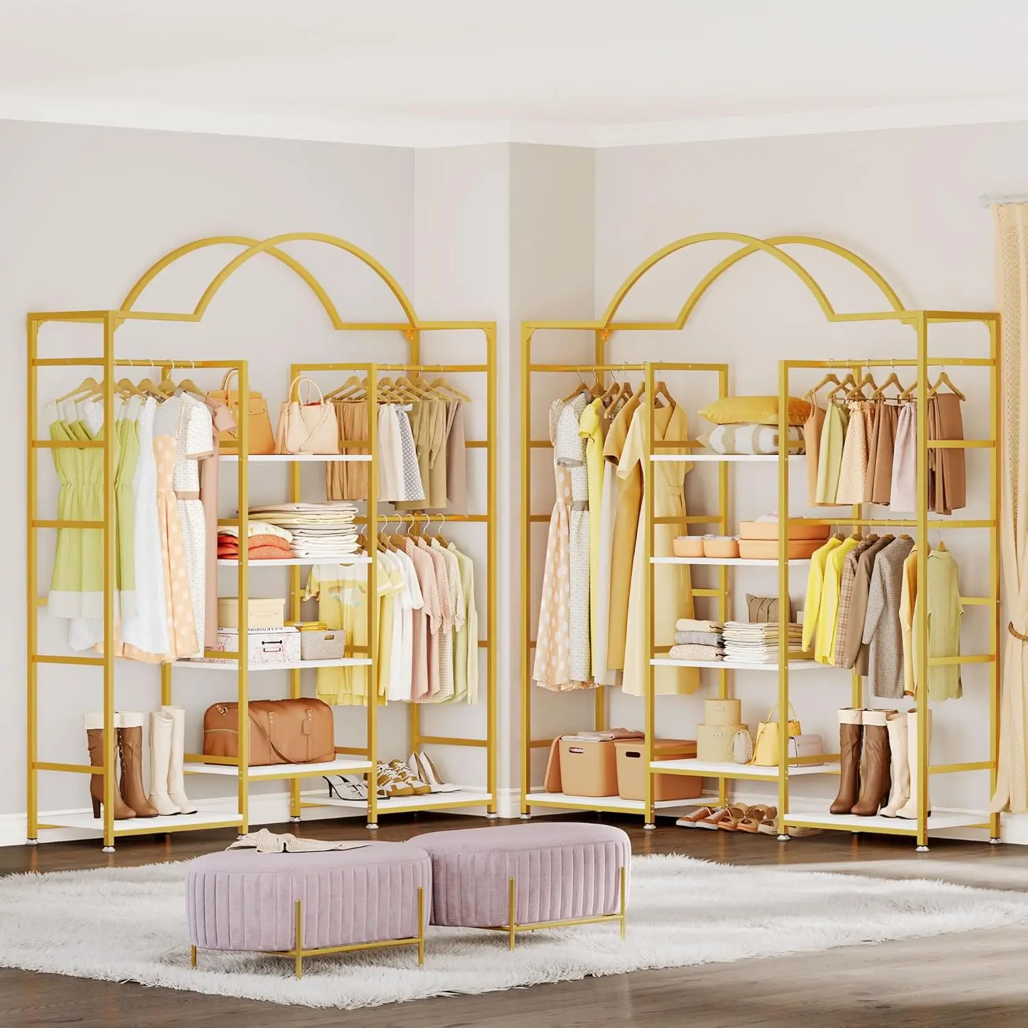 Heavy Duty Clothes Rack with Storage Shelves, Closet Organizer System for Hanging Clothes, 4-Tier Garment Rack Wardrobe with 3 H 2