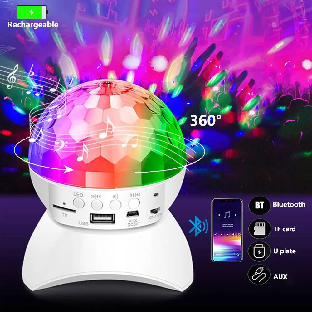 

USB Rechargeable Rotating RGB Disco Light Bluetooth Speaker Magic Ball Stage Lamp Projector Sound Activated DJ Party Decor Gift