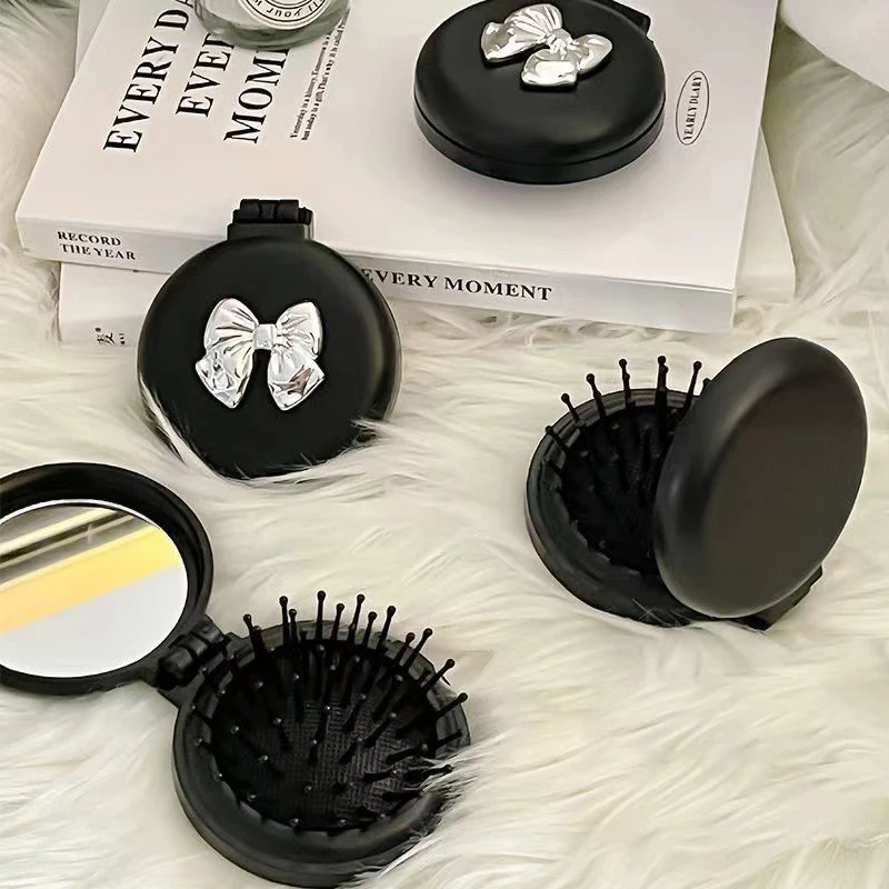 Cute Folding Massage Comb With Makeup Mirror Travel Portable Plastic Airbag Small Comb Hair Brush Bow Tie Air Cushion