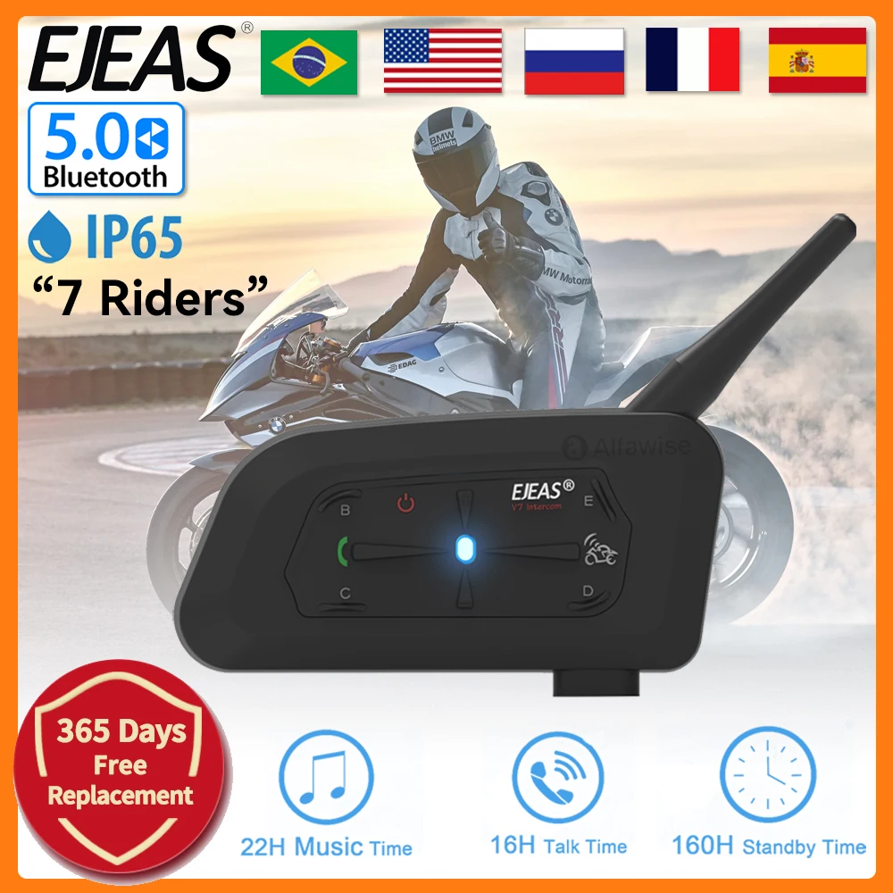 EJEASV7 Motorcycle Helmet Bluetooth IP65 Waterproof Headset Intercom 7 Rider Distance 700M Bluetooth 5.1 Interphone Communicator