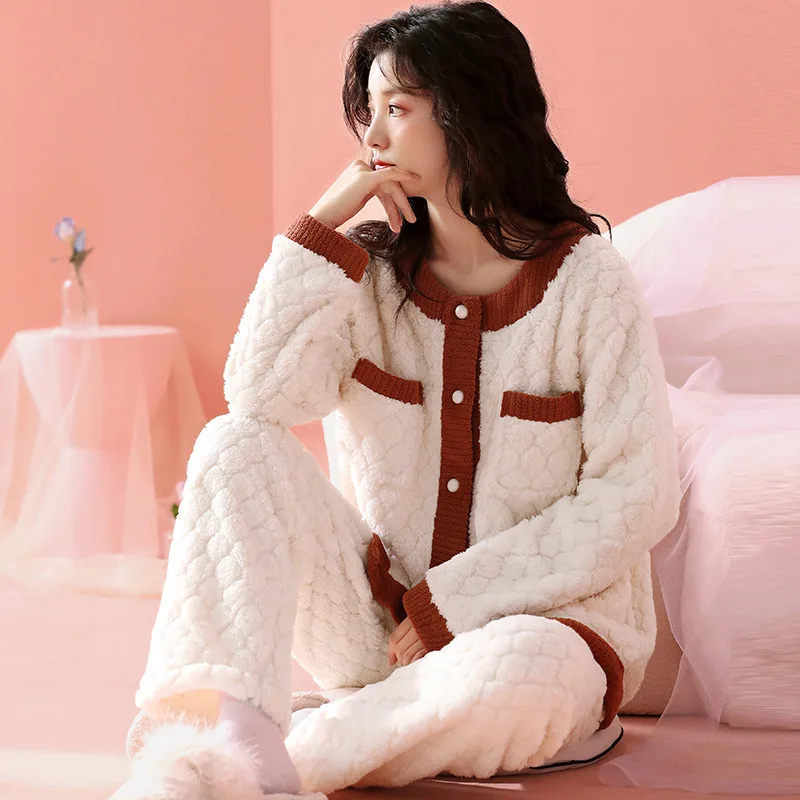 

Новинка 2023, утепленная женская домашняя одежда для сна из кораллового бархата, осенне-зимняя простая повседневная Милая Студенческая пижама с длинными рукавами для девочек