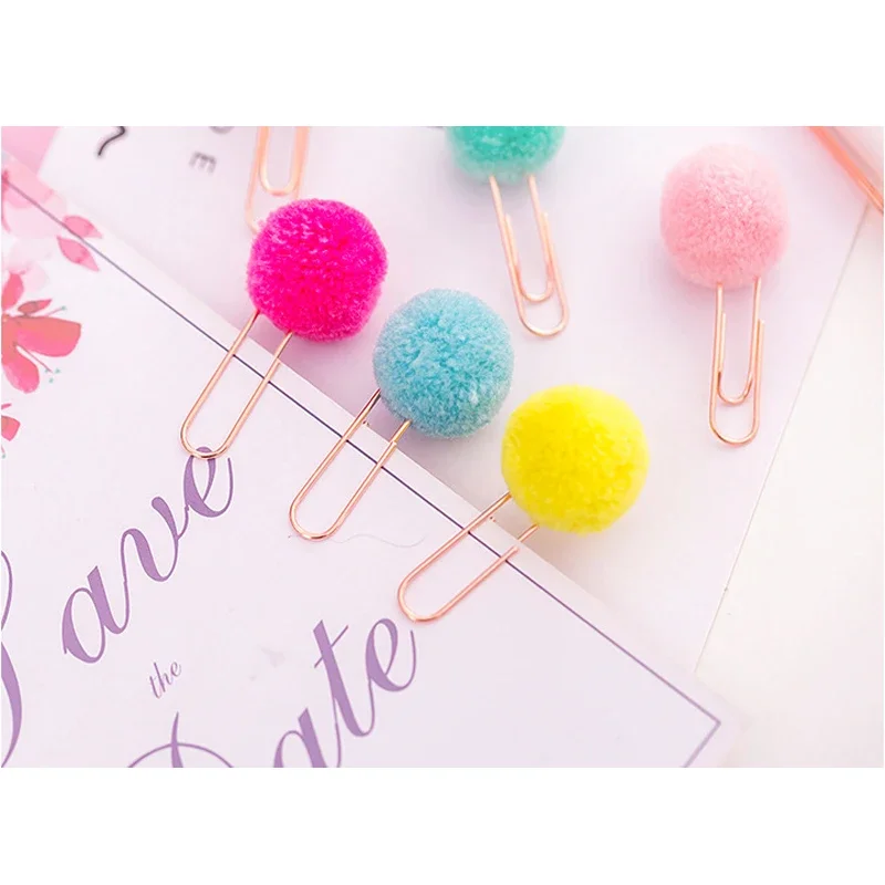 Kawaii Small Fresh Colored Hair Ball Paper Clip Decorative Candy Color Creative Bookmark Paper Clip 12Pcs/lot