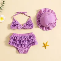 Fashion Summer Newborn Baby Girls Swimwear Bikini Set Cute Bowknot Hanging Neck Tops + Layered Ruffle Shorts + Hat Beachwear 3