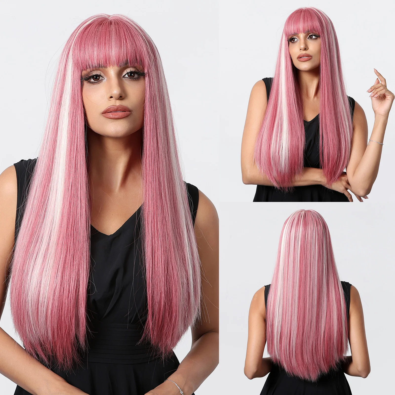 

Synthetic Long Straight Wig Blonde Highlight Pink Cosplay Lolita Wigs with Bangs for Women Natural Hair Heat Resistant Fibre