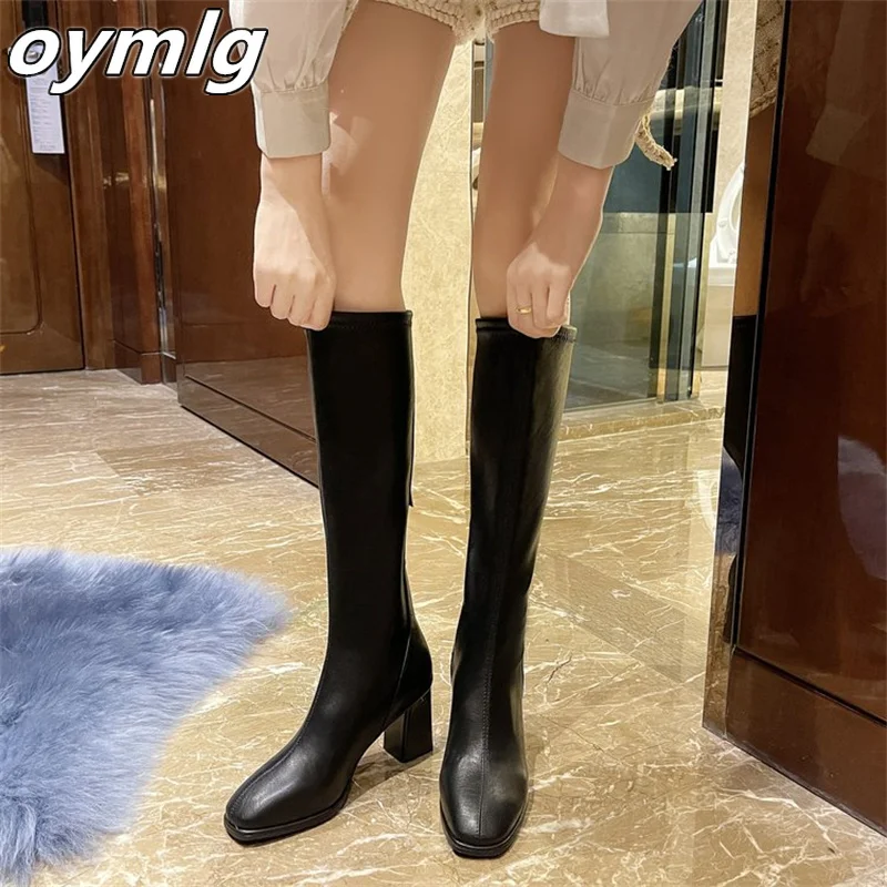 여성용 2023 슬림 탄성 부츠, 나이트 부츠, 스퀘어 토 오버 무릎 두꺼운 힐, 하이힐, 겨울 신상