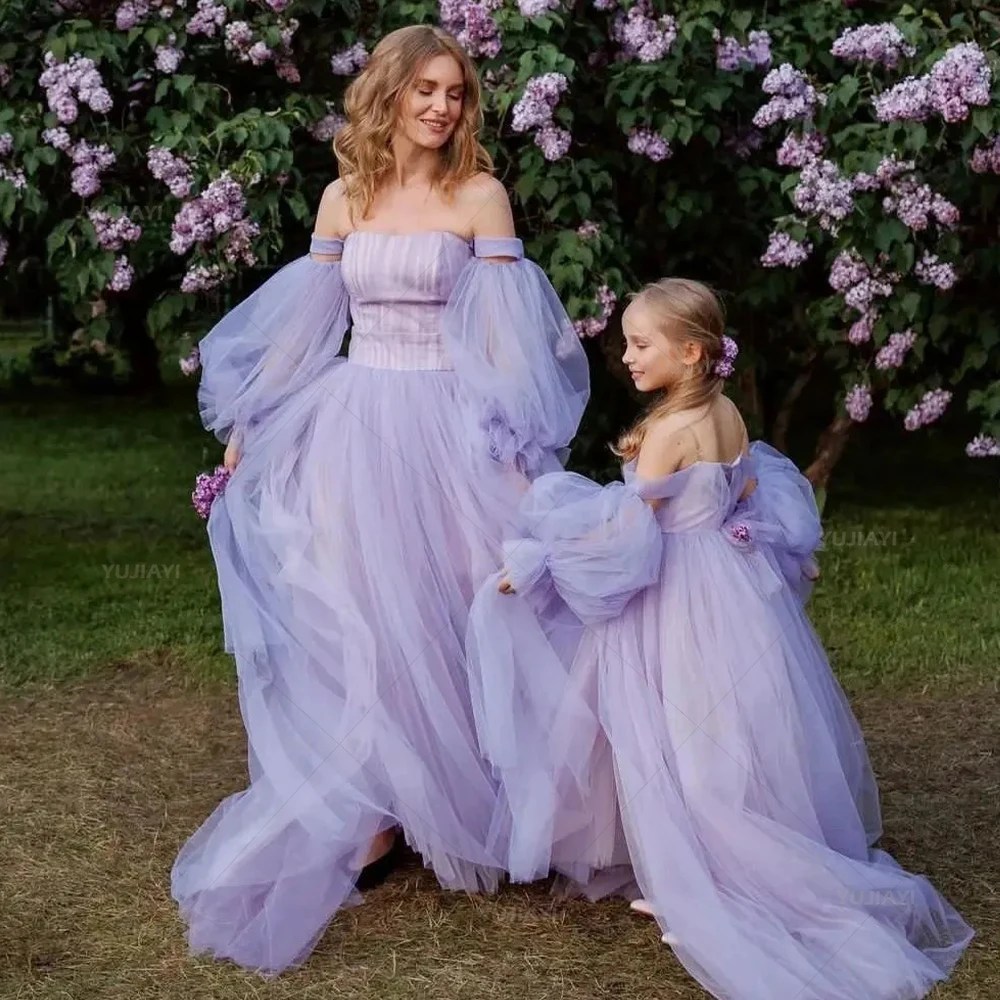 

Girl Flower Dress Off Shoulder Tulle Mother and Daughter Matching Prom Dresses Family Look PhotoShoot Mom and Me Evening Gown