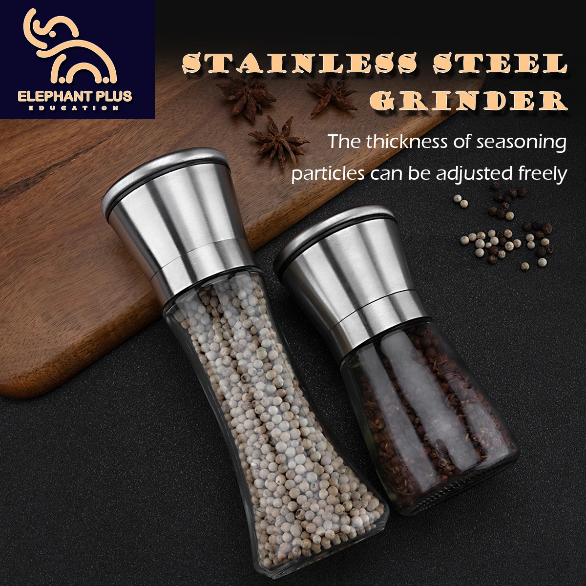 Kitchen Grinder 304 Stainless Steel - for Pepper, Sea Salt & Spices, Adjustable Coarse to Fine, Refillable with Glass Jar - Image 5