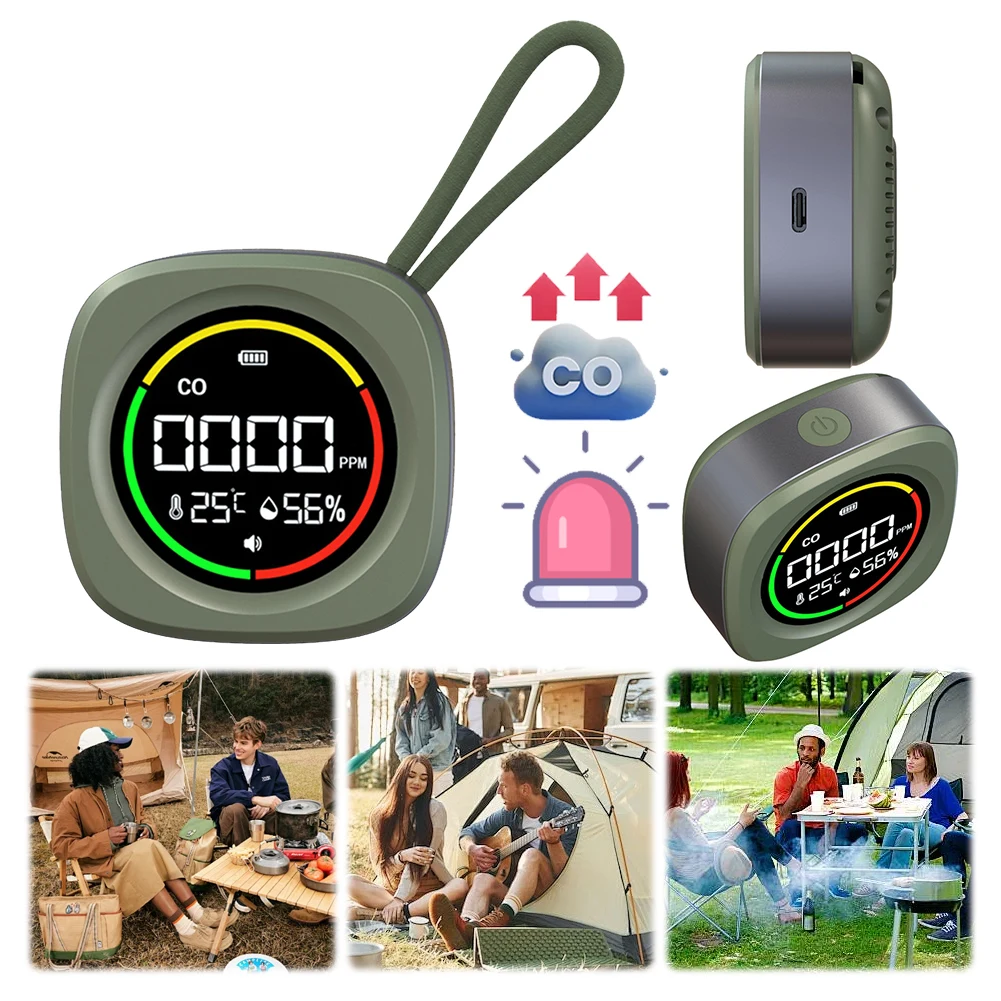 3 In 1 Carbon Monoxide Detector HD LCD Display Portable Gas Detector 1000mAh CO Temperature Humidity for Indoor Outdoor