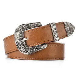 Vintage Carved Needle Buckle Unisex Punk Rock PU Leather Belt - 105cm (Silver buckle khaki)