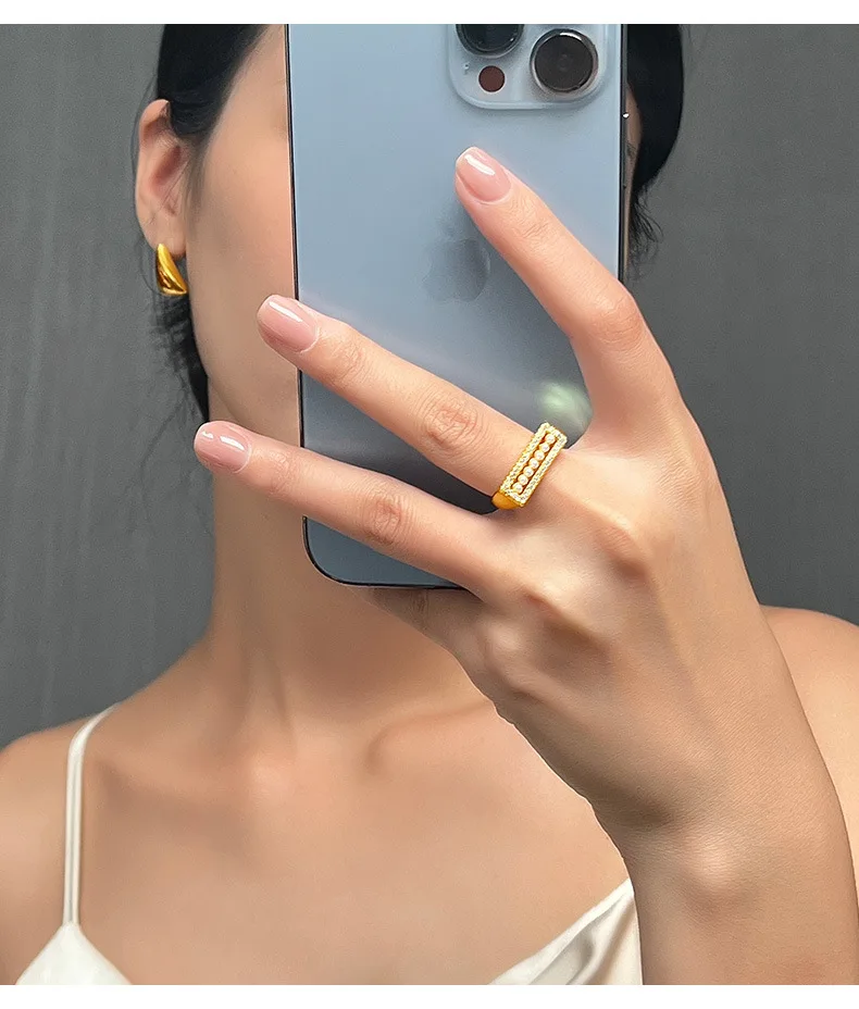 Modischer Imitationsperlen-Offener Ring für Damen, Kupfer Quadratischer Luxus-Strass-Ring, Sommerlicher Wasserfester Schmuck – Detail 5