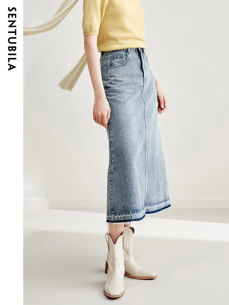 

SENTUBILA High Waist Denim Jean Skirts for Women 2023 Autumn Fashion Vintage Washed Cotton Denim A-line Midi Skirt N33Q50763