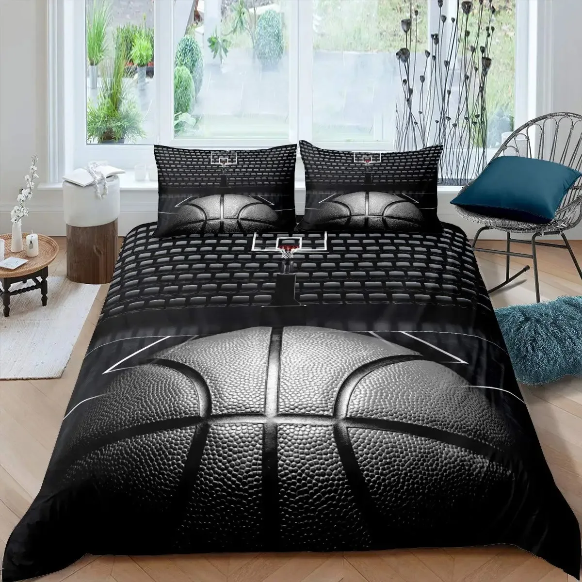 3D Cartoon Basketball Bedding Set for Boys - Polyester Duvet Cover, Bedspread, and Pillowcase Combo