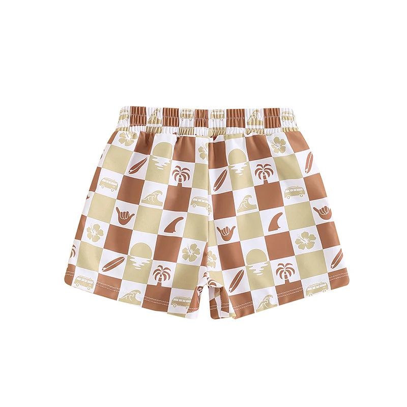 Boys Swim Trunks Elastic Waist Plaid Turtle Surfboard Print Summer Beach Swim Shorts Swimsuit
