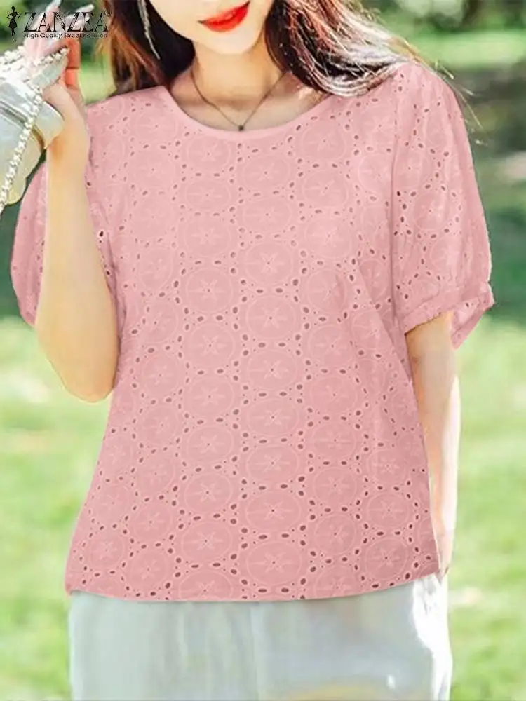 

ZANZEA Casual Cotton Shirts Fashion Round Neck Tops Tunic Women Embroidery Holiday Blouse 2023 Summer Chic Short Sleeve Blusas