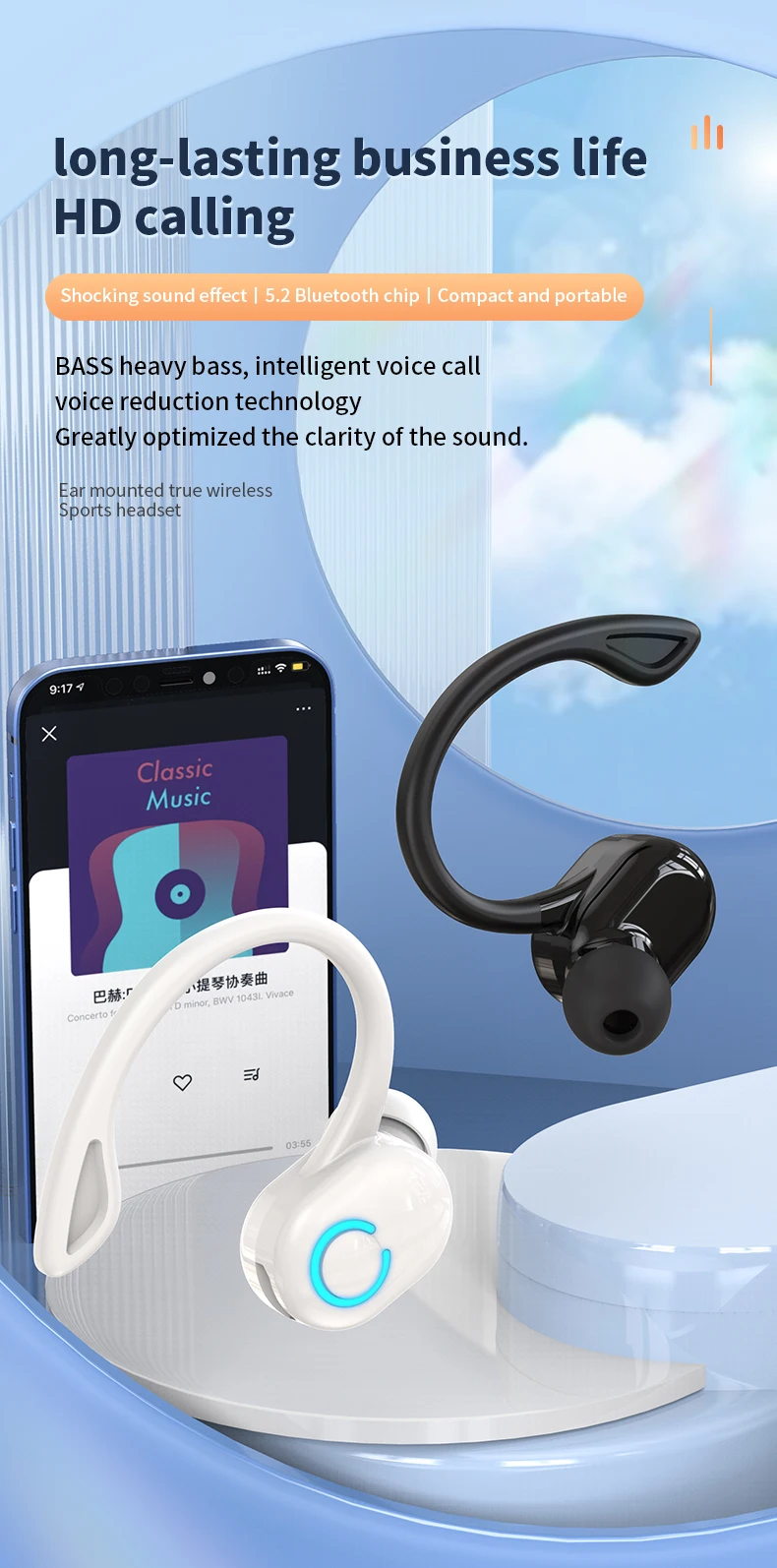 Description Picture 2 of itemVAORLO Bluetooth 5.2 Business Wireless Headphone Ear-Hook Mini HIFI Bass Noise Cancelling Earphone With Mic Sport Game Headset