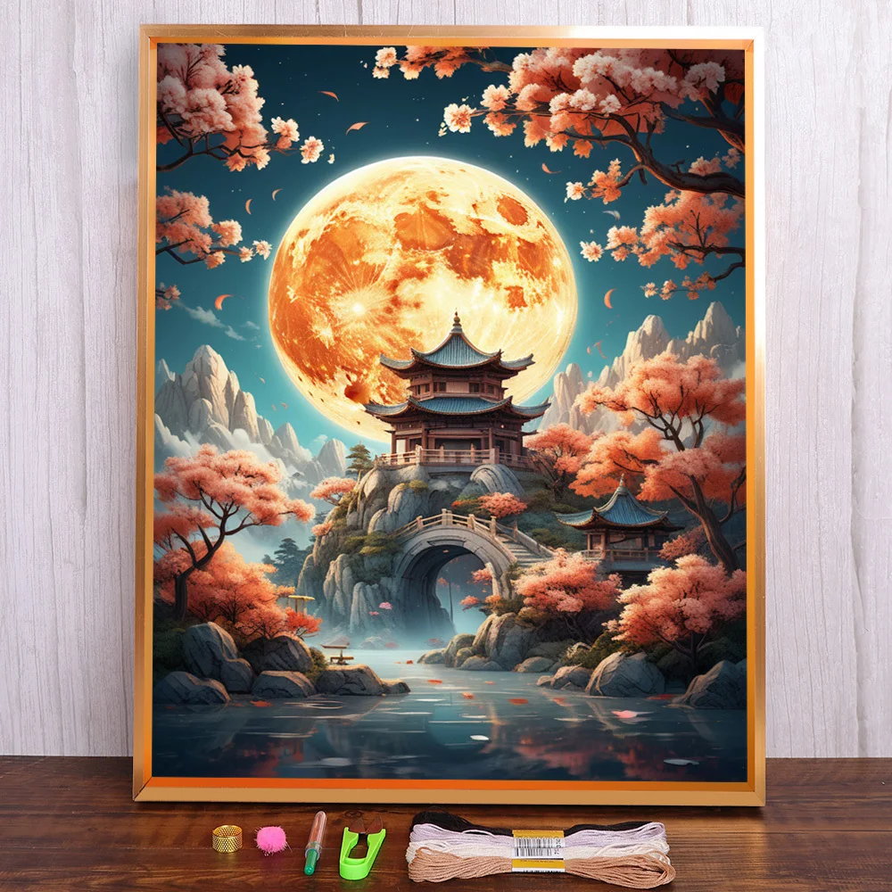 Landschaft Mond Turm vorgedruckt 11CT Kreuzstich Stickerei Set Stricken Handarbeiten handgemachte Handarbeit gestempelte Nadel Mulina