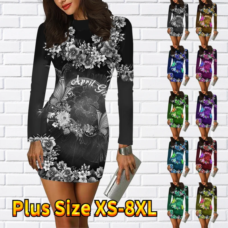 

Women Elegant Party Skirt Round Neck Fashion Long Sleeve Skirt Fall Winter Vintage Slim Skirt New Design Printed Sheath Skirt